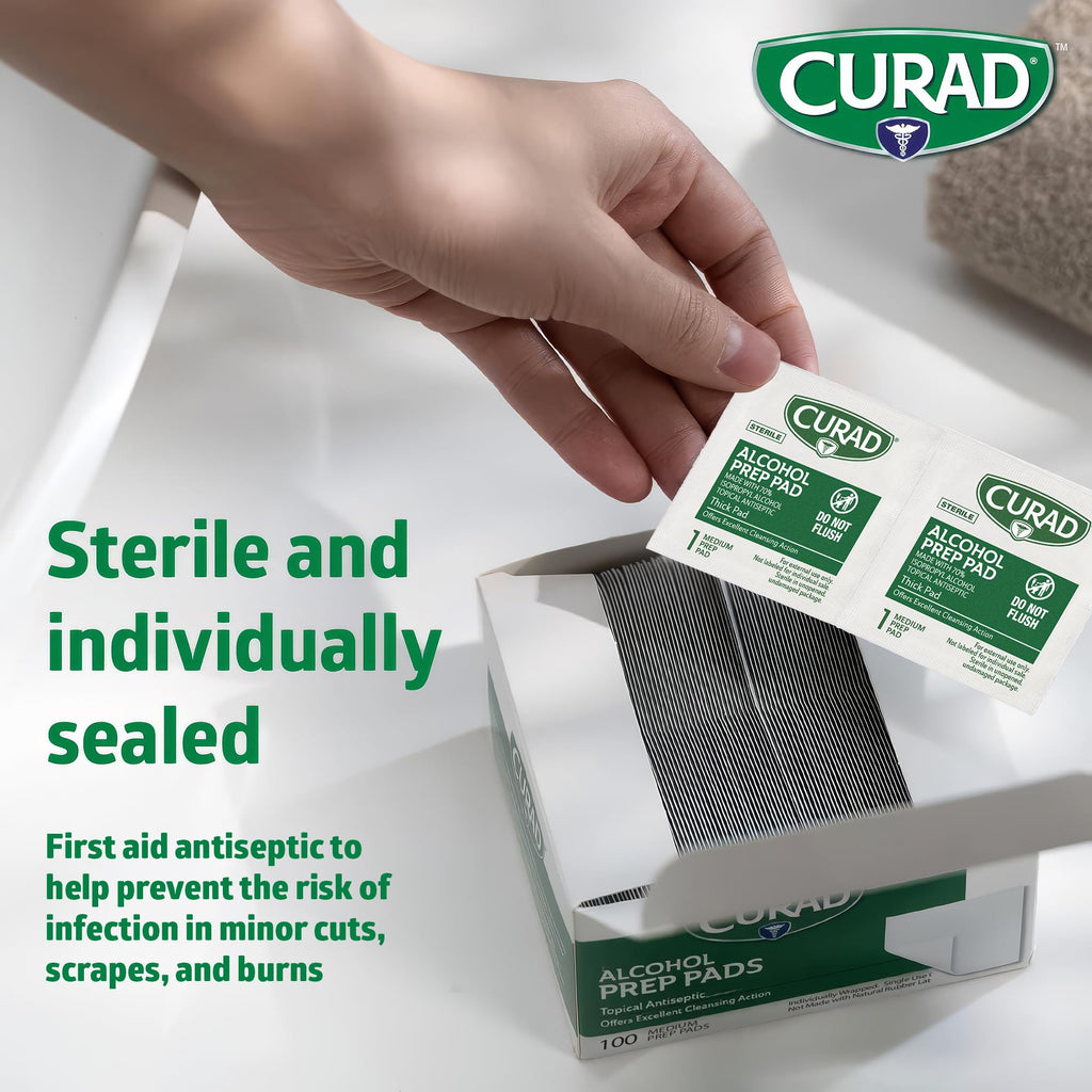 Sterile CURAD Alcohol Prep Pads, individually sealed for exclusive protection against infections. Specially curated by Curat Cart.