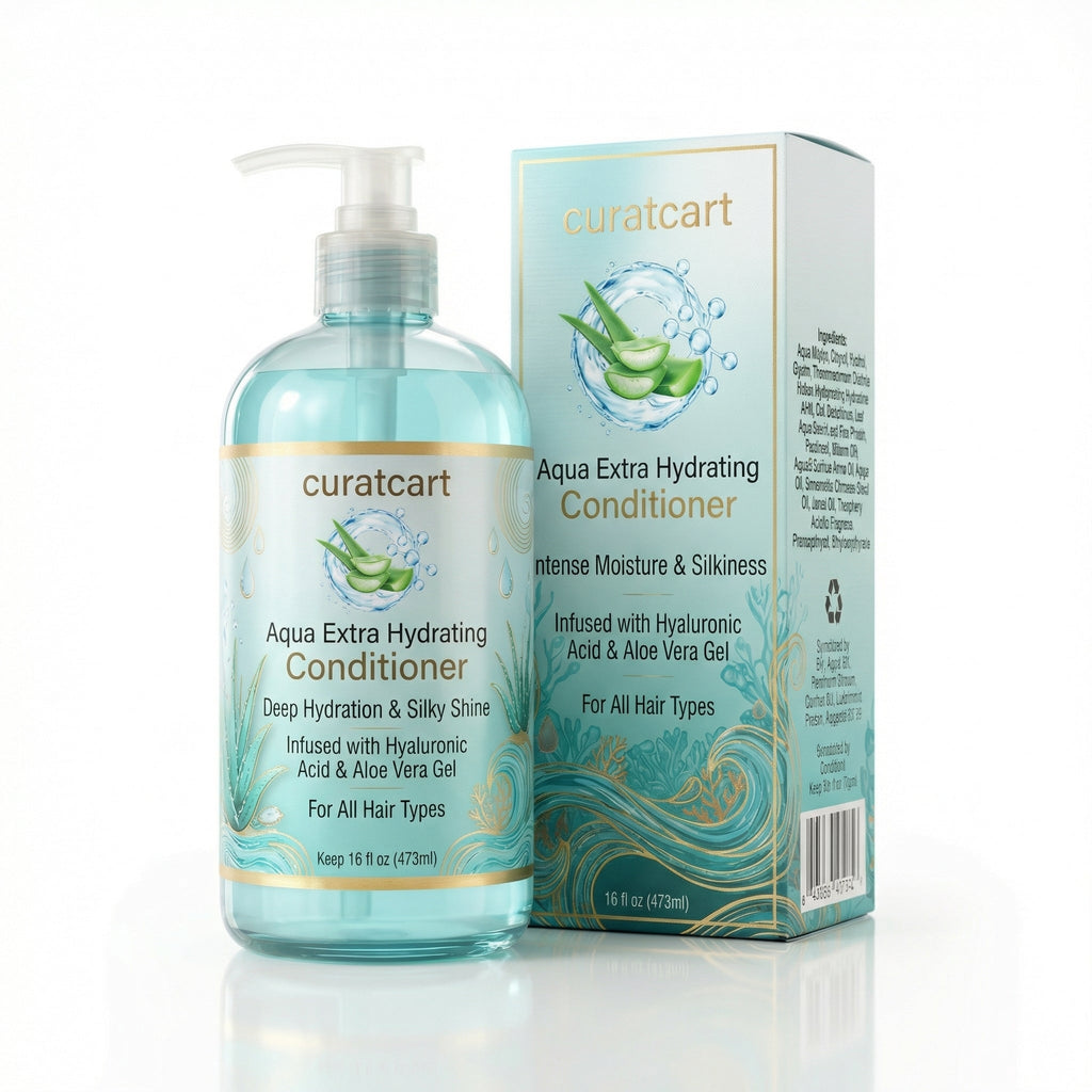 CURAT CART Aqua Extra Hydrating Conditioner - Front Packaging & Bottle View | genuine imported stock available in India at Cu