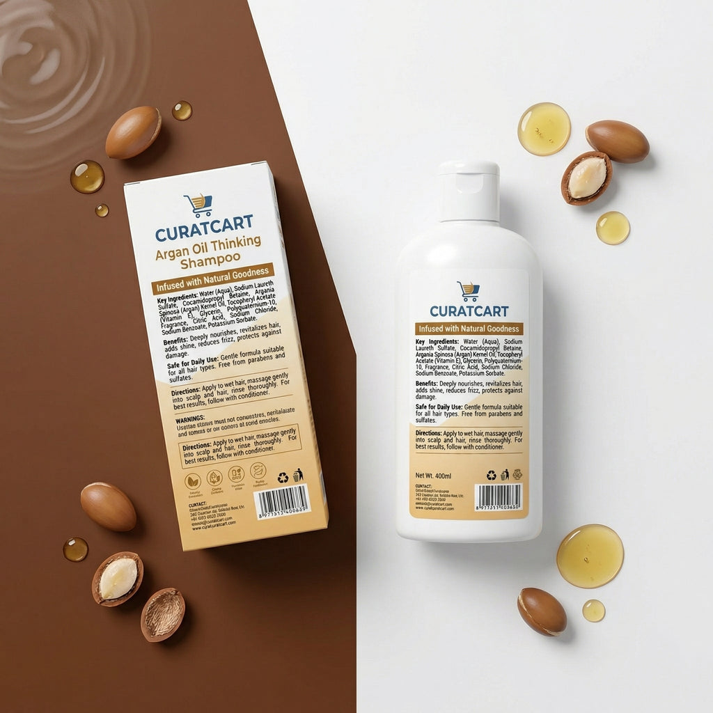 Curat Cart Argan Oil Shampoo - Side Profile & Box Packaging | original imported packaging available on Curat Cart India