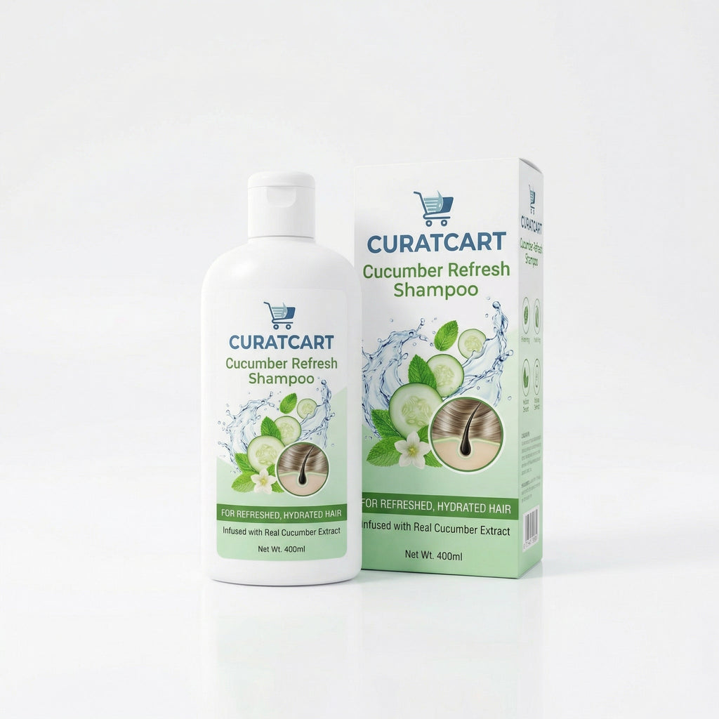 CURAT CART Cucumber Refresh Shampoo - Front Packaging & Bottle View | genuine imported stock available in India at Curat Cart