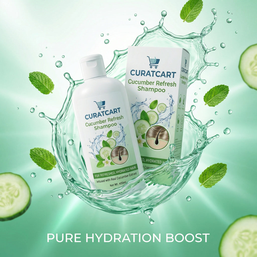 CURAT CART Cucumber Refresh Shampoo - Side Profile & Box Packaging | original imported packaging available on Curat Cart Indi