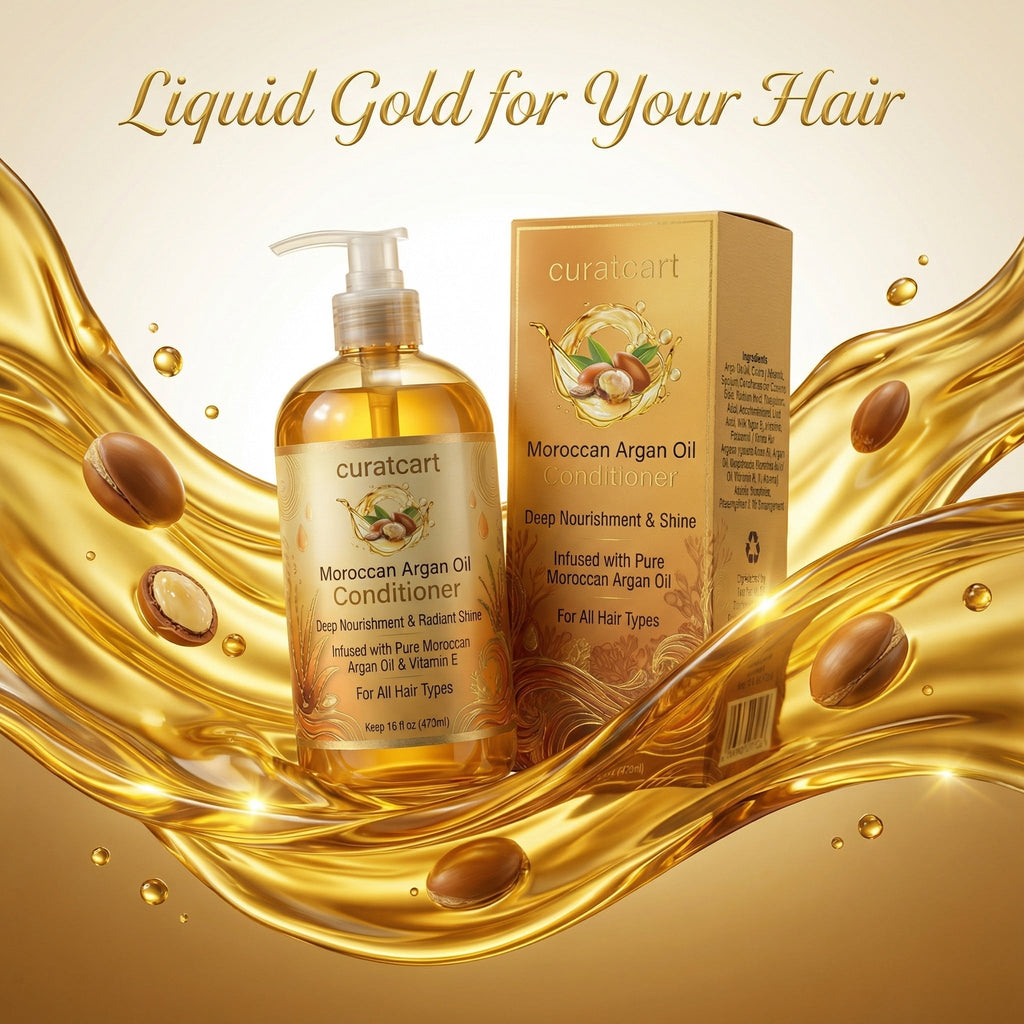 CURAT CART Moroccan Argan Oil Conditioner - Side Profile & Box Packaging | original imported packaging available on Curat Car