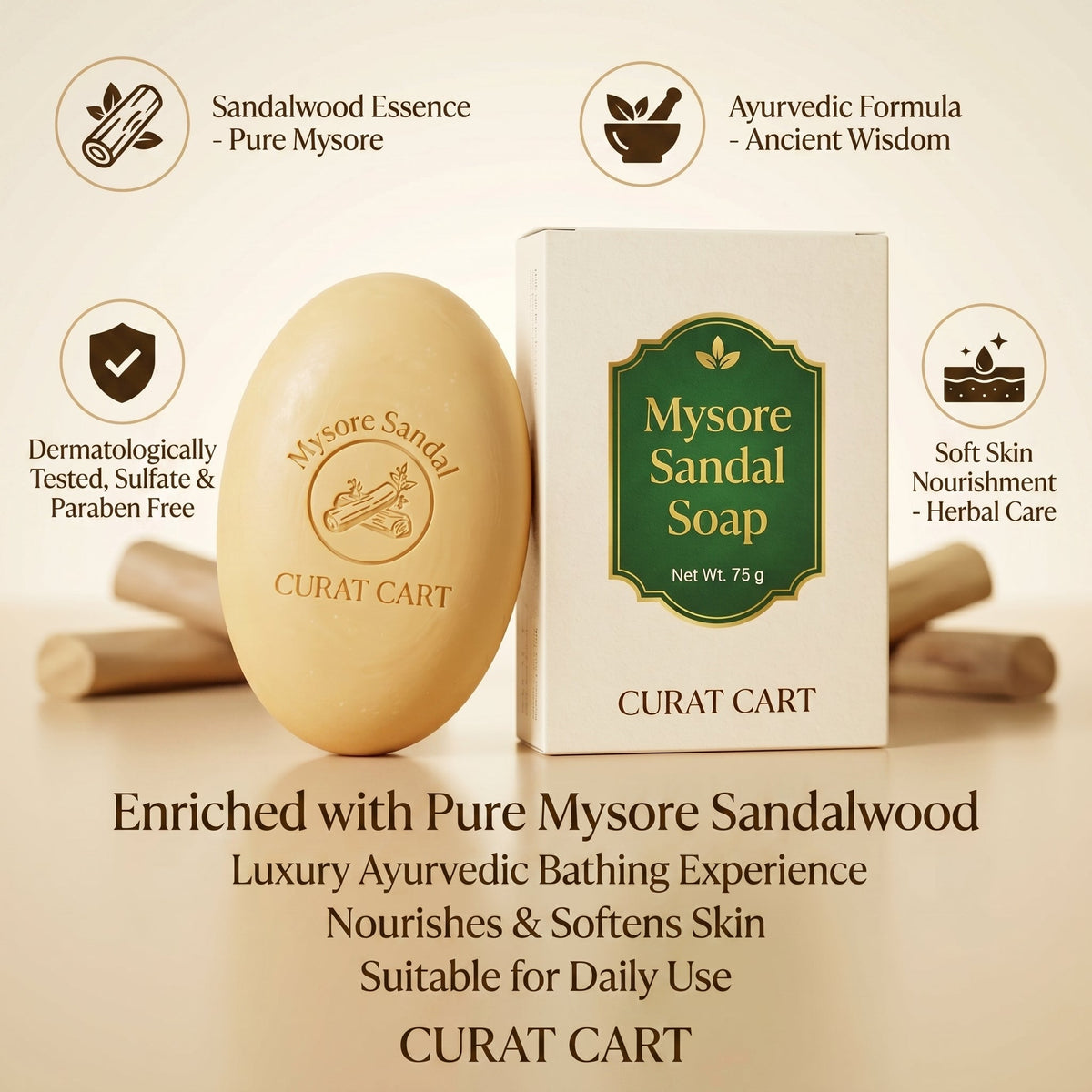CURAT CART Mysore Sandalwood Soap - Back Label & Ingredients Details | buy 100% authentic product online in India via Curat C