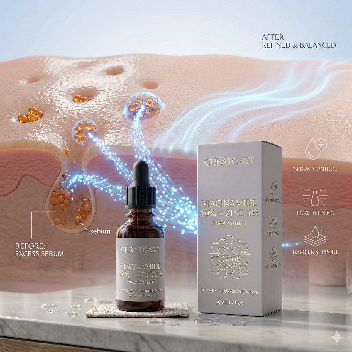 CURAT CART Niacinamide Zinc Face Serum - Side Profile & Box Packaging | original imported packaging available on Curat Cart I