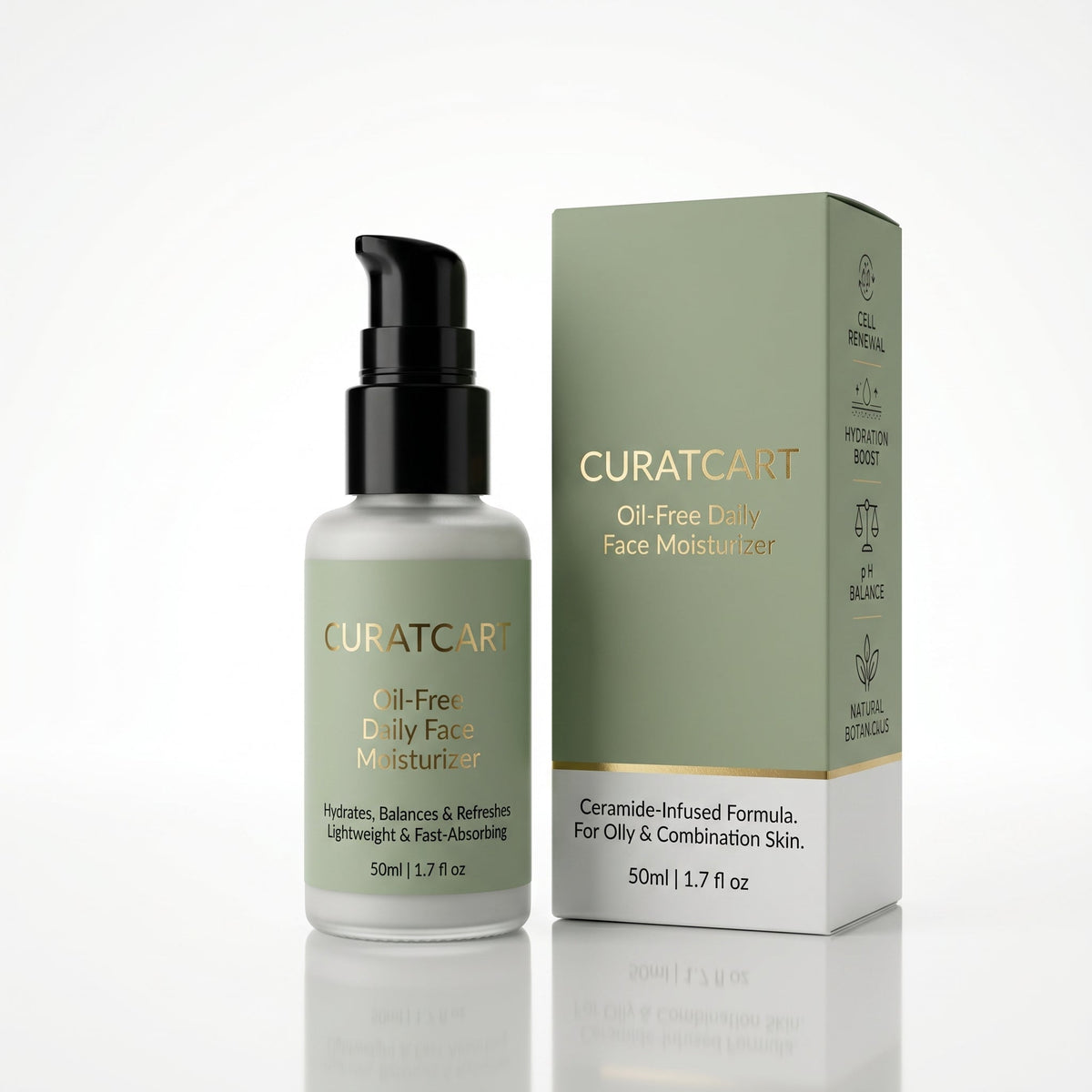 CURAT CART Oil-Free Face Moisturizer - Front Packaging & Bottle View | genuine imported stock available in India at Curat Car