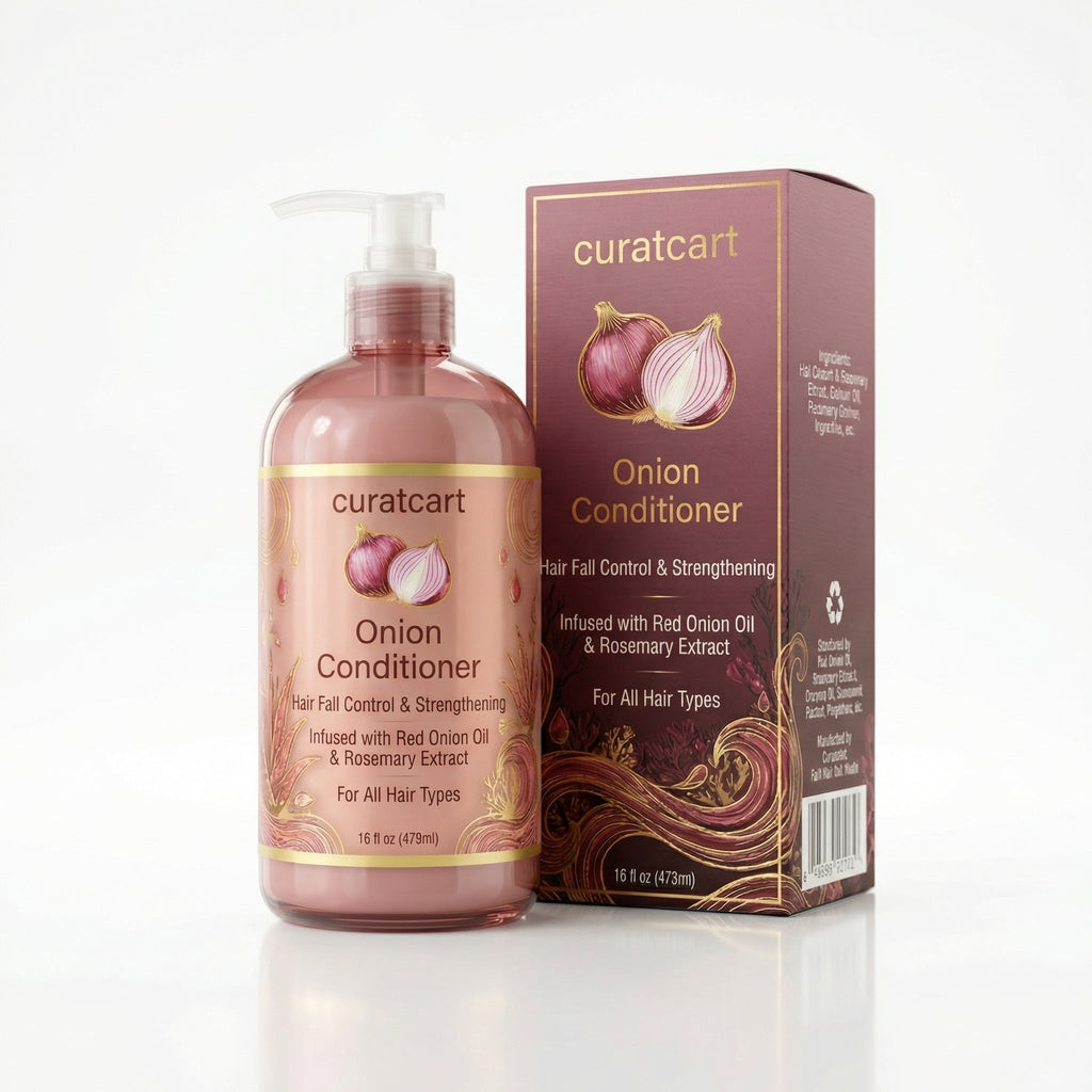 CURAT CART Onion Conditioner - Front Packaging & Bottle View | genuine imported stock available in India at Curat Cart