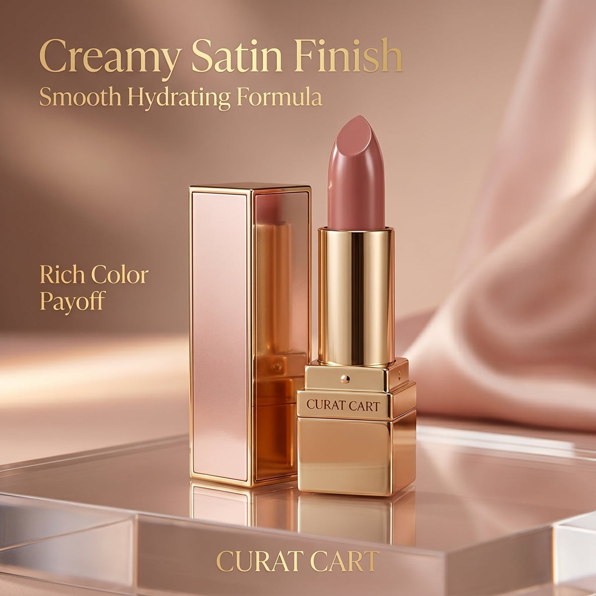 CURAT CART Satin Finish Lipstick - Front Packaging & Bottle View | genuine imported stock available in India at Curat Cart