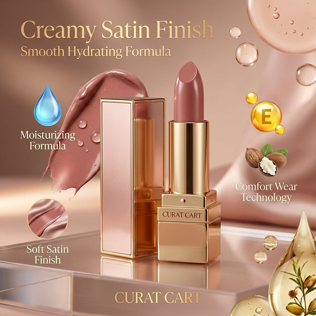 CURAT CART Satin Finish Lipstick - Side Profile & Box Packaging | original imported packaging available on Curat Cart India