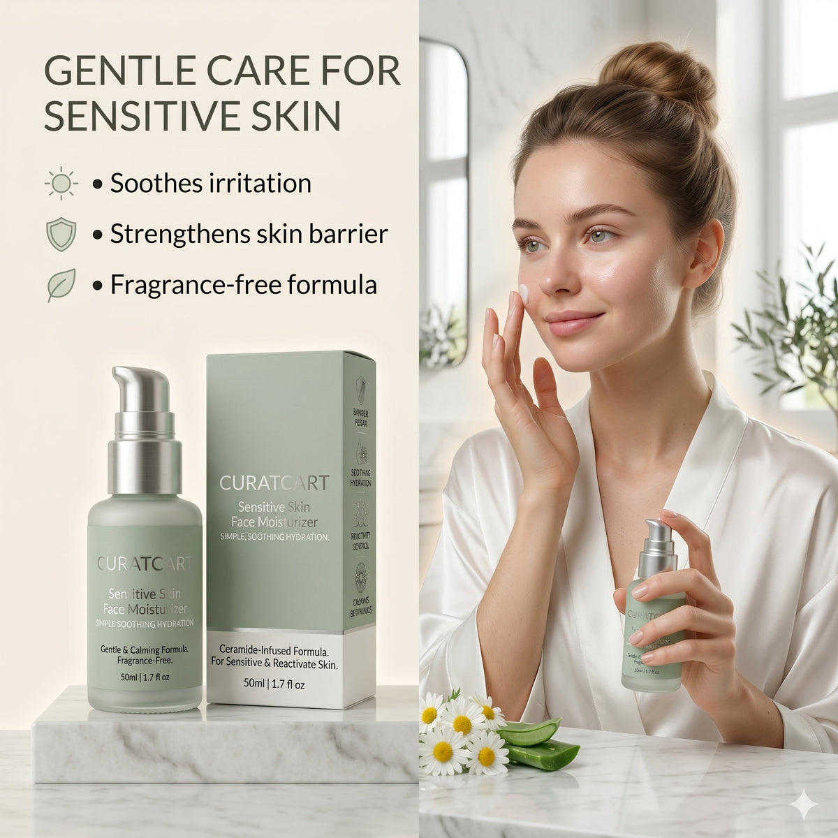 CURAT CART Sensitive Skin Moisturizer - Back Label & Ingredients Details | buy 100% authentic product online in India via Cur
