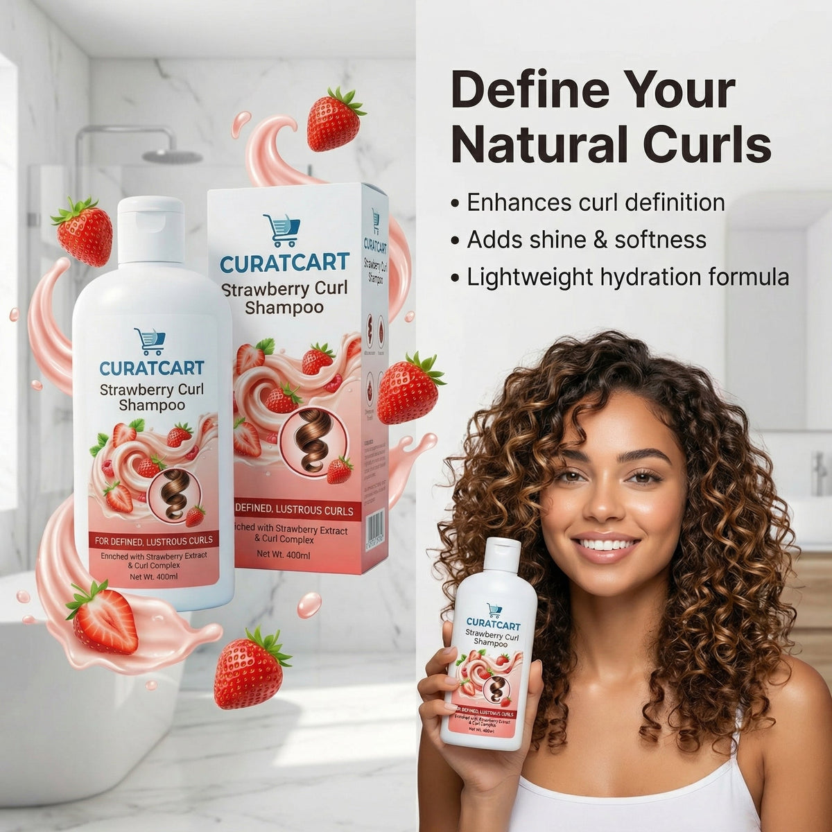 CURAT CART Strawberry Curl Shampoo - Side Profile & Box Packaging | original imported packaging available on Curat Cart India