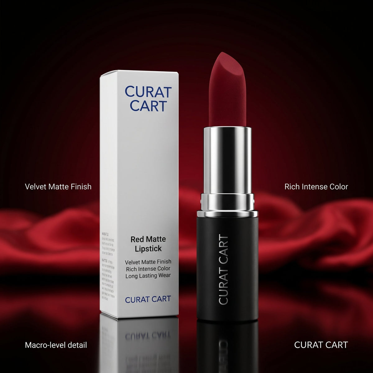 CURAT CART Velvet Red Lipstick - Front Packaging & Bottle View | genuine imported stock available in India at Curat Cart
