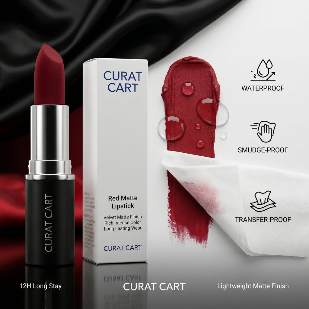 CURAT CART Velvet Red Lipstick - Side Profile & Box Packaging | original imported packaging available on Curat Cart India