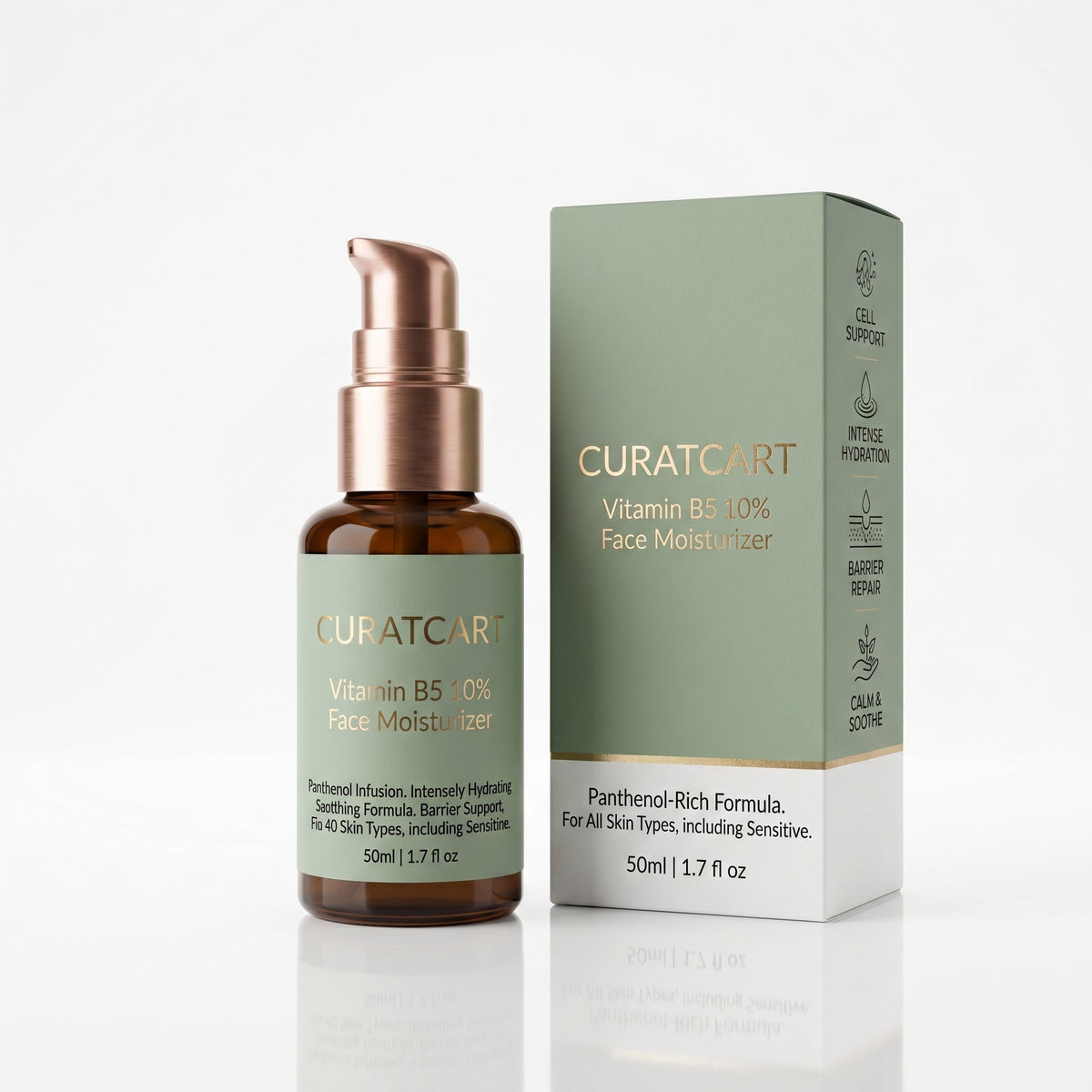 CURAT CART Vitamin B5 Face Moisturizer - Front Packaging & Bottle View | genuine imported stock available in India at Curat C