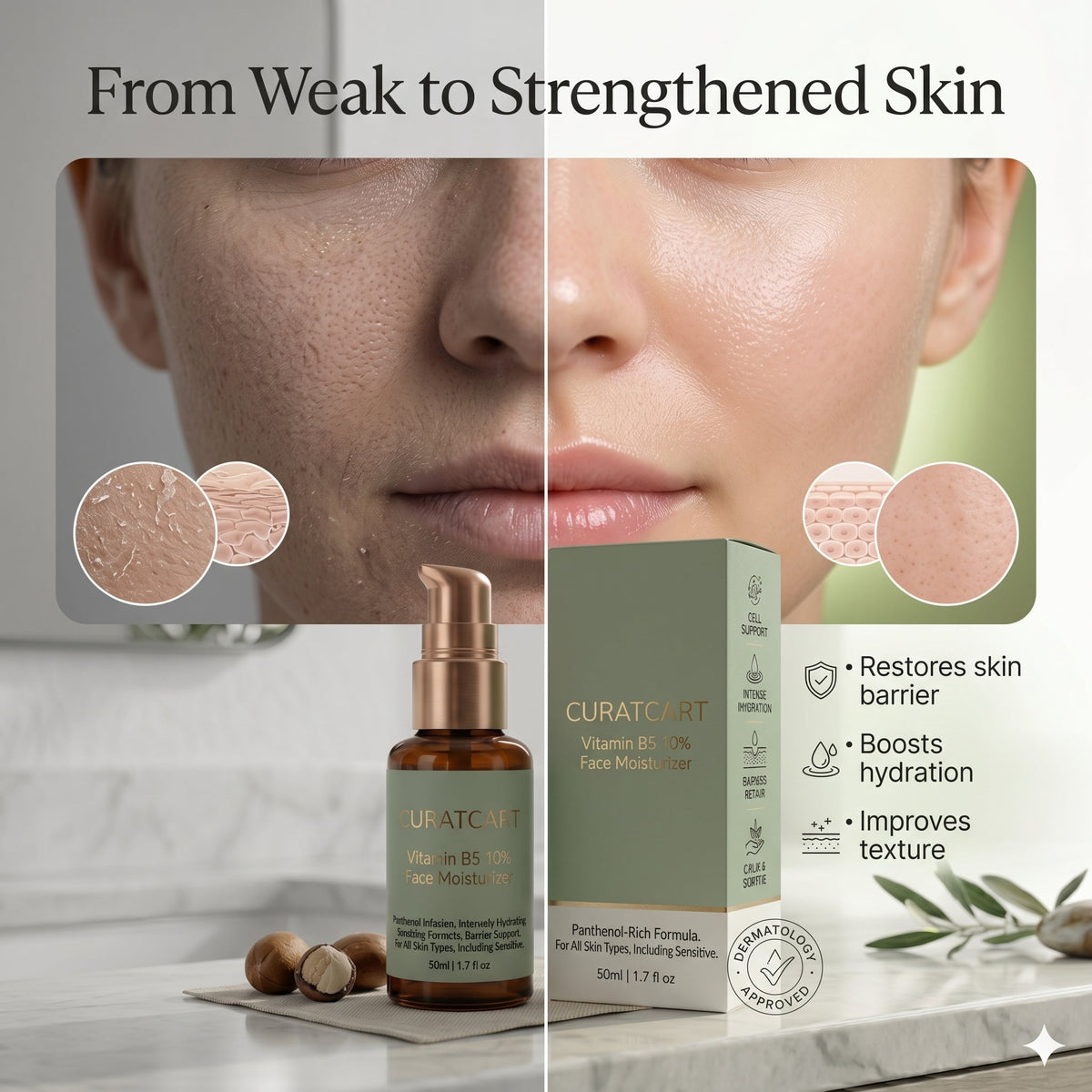 CURAT CART Vitamin B5 Face Moisturizer - Side Profile & Box Packaging | original imported packaging available on Curat Cart I