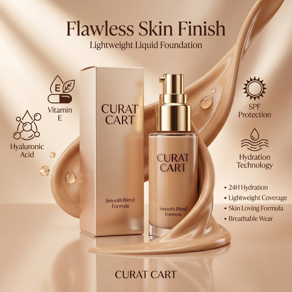 CURAT Flawless Skin Finish Foundation - Side Profile & Box Packaging | original imported packaging available on Curat Cart In