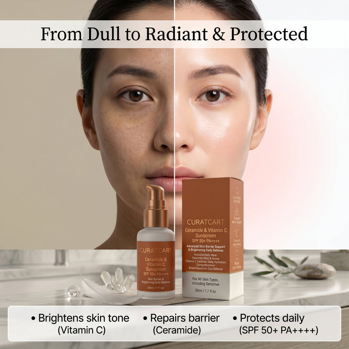 CuratCart Ceramide Vitamin C Sunscreen - Back Label & Ingredients Details | buy 100% authentic product online in India via Cu