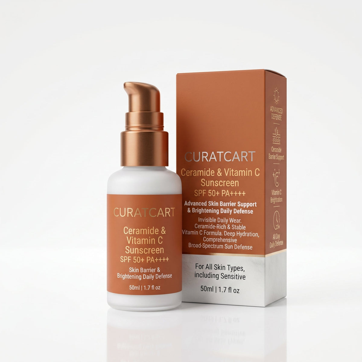 CuratCart Ceramide Vitamin C Sunscreen - Front Packaging & Bottle View | genuine imported stock available in India at Curat C