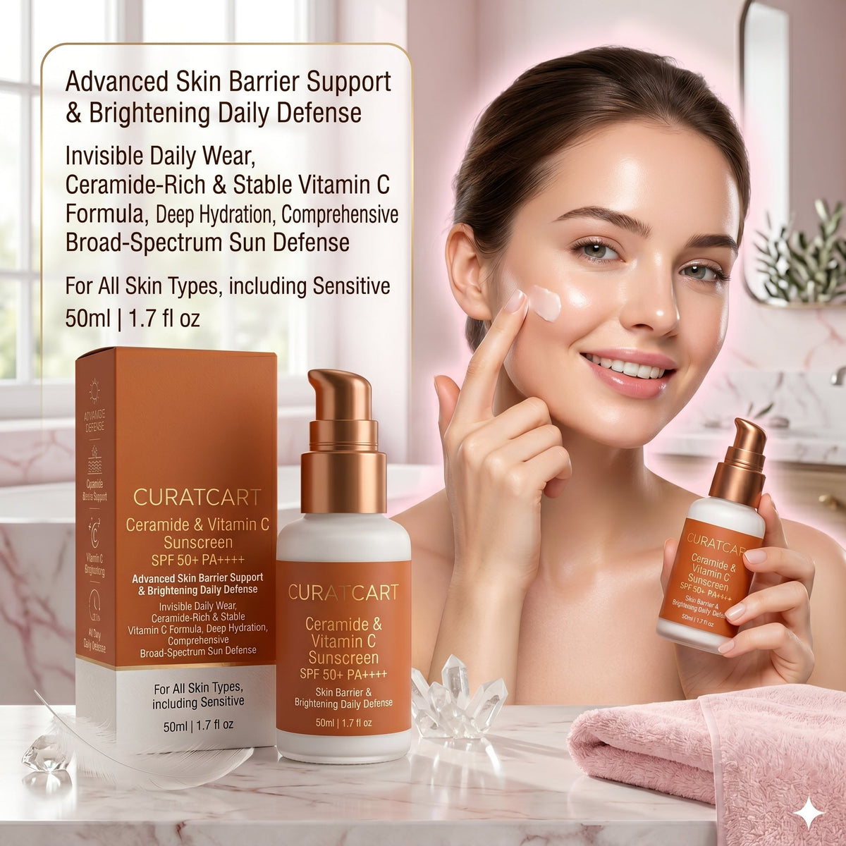 CuratCart Ceramide Vitamin C Sunscreen - Side Profile & Box Packaging | original imported packaging available on Curat Cart I