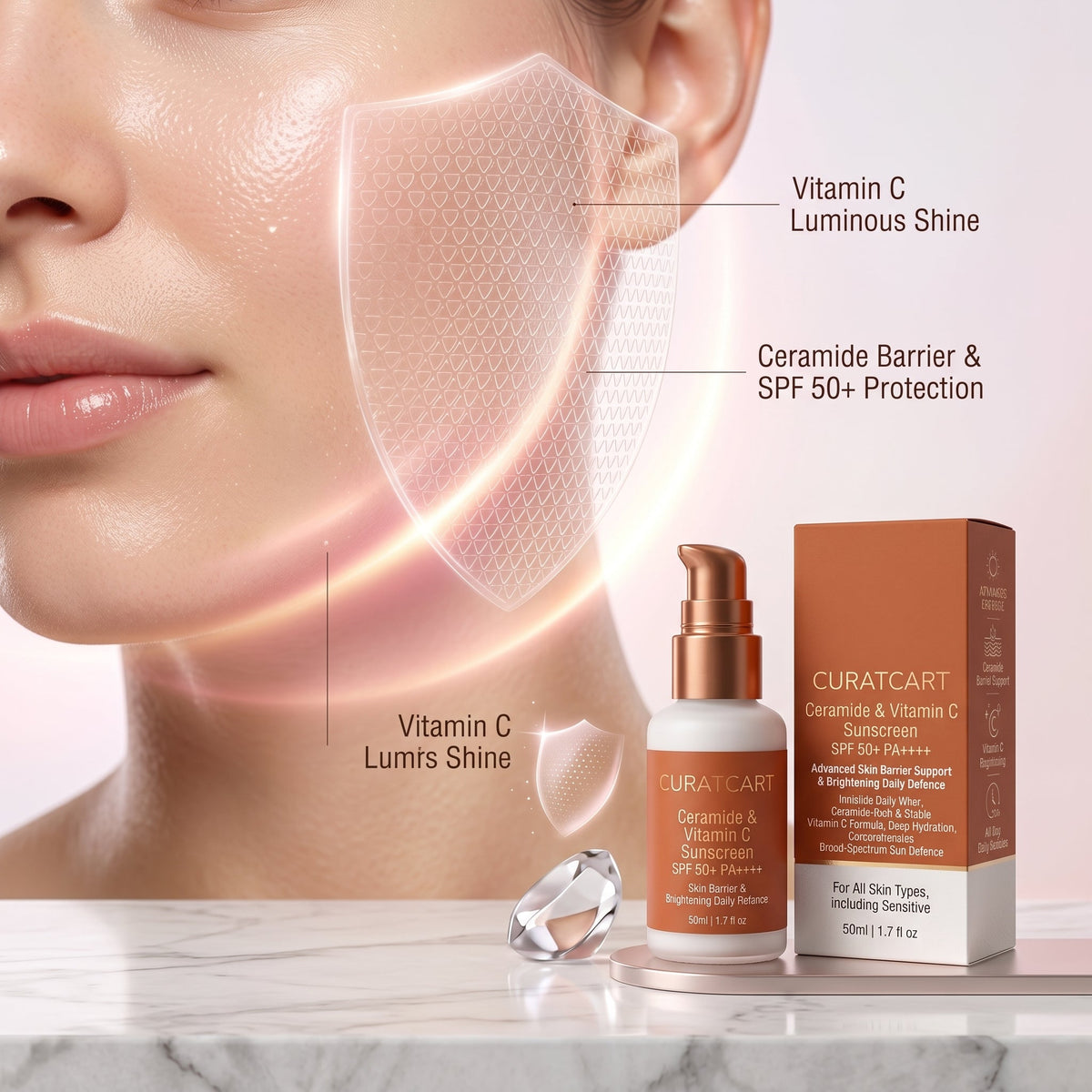 CuratCart Ceramide Vitamin C Sunscreen - Texture, Swatch & Consistency | fast dispatch across India from Curat Cart