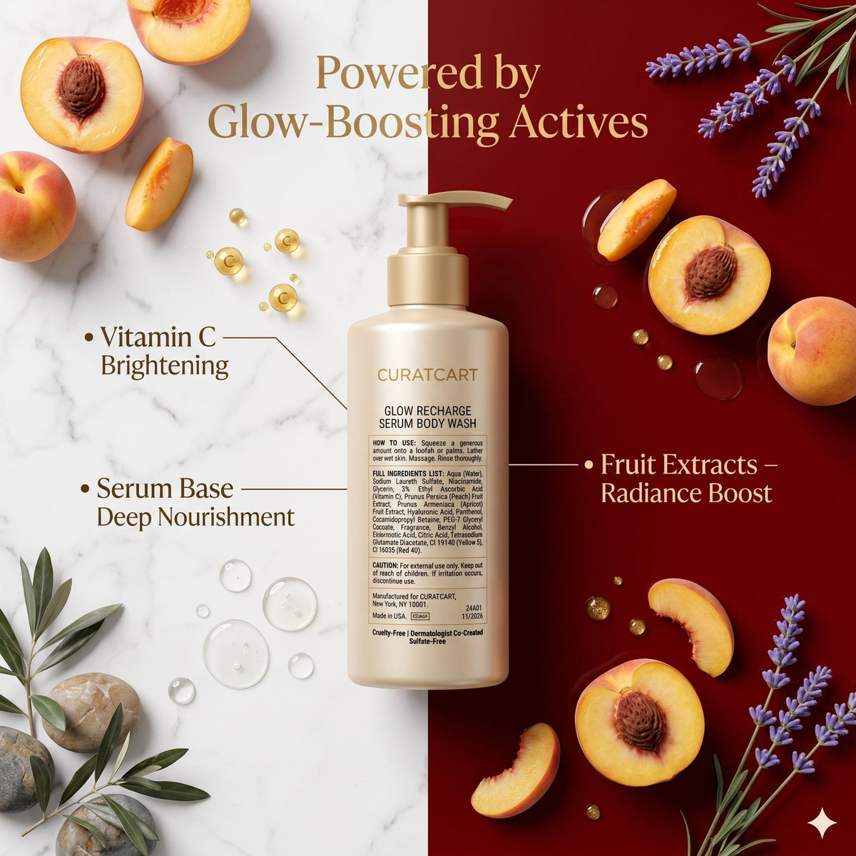 CuratCart Glow Recharge Serum Body Wash - Side Profile & Box Packaging | original imported packaging available on Curat Cart 