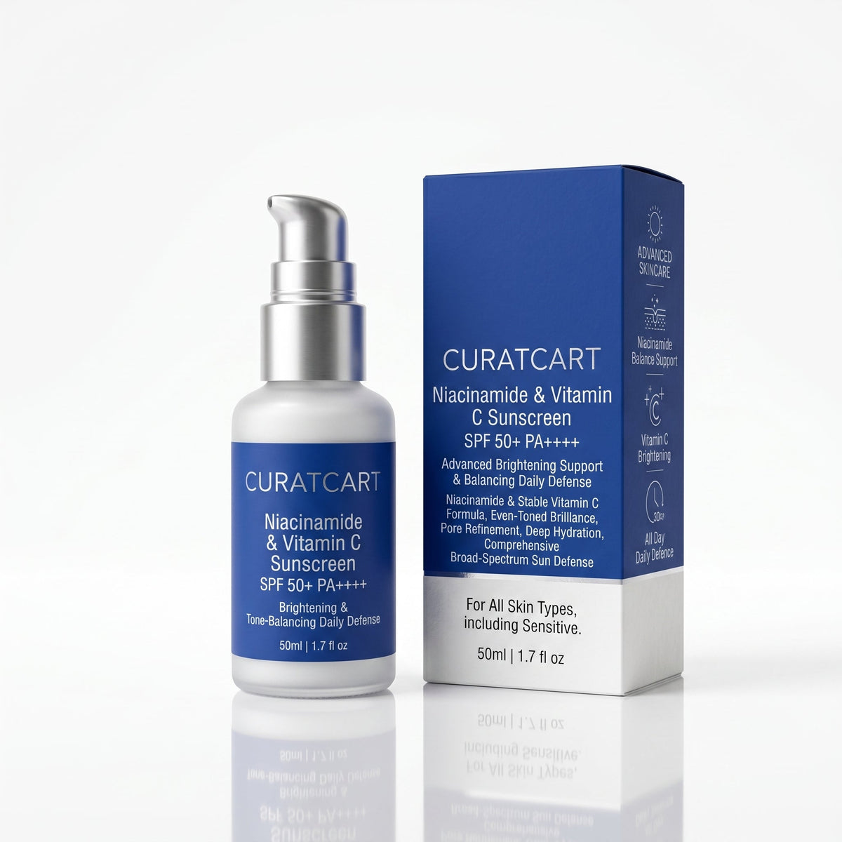 CuratCart Niacinamide Vitamin C Sunscreen - Front Packaging & Bottle View | genuine imported stock available in India at Cura