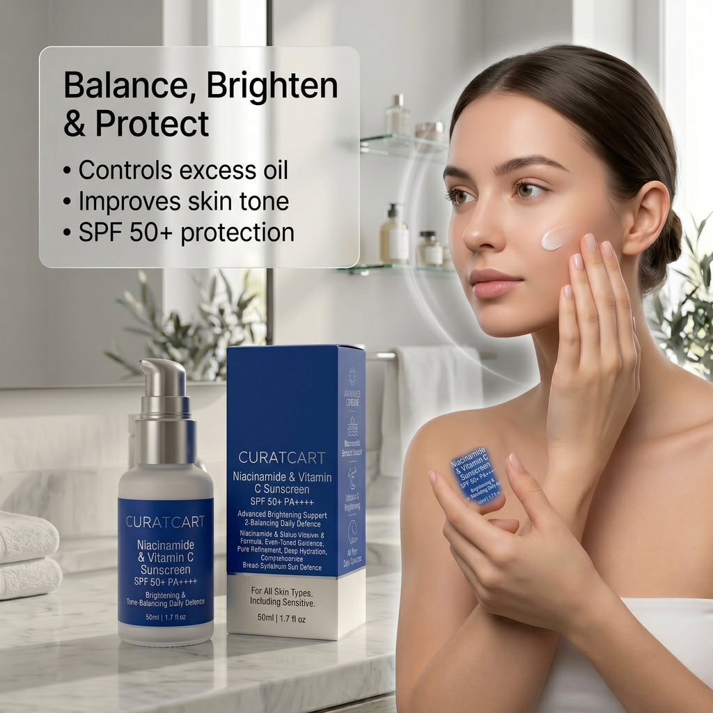 CuratCart Niacinamide Vitamin C Sunscreen - Side Profile & Box Packaging | original imported packaging available on Curat Car