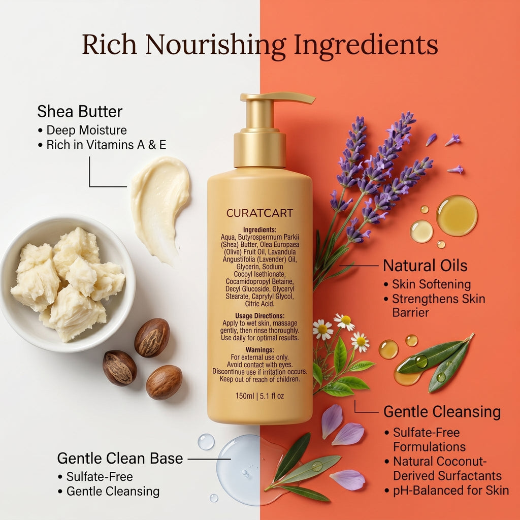 CuratCart Relaxing Shea Butter Body Wash - Back Label & Ingredients Details | buy 100% authentic product online in India via 