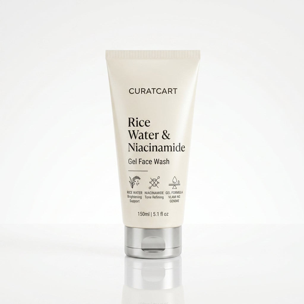 CuratCart Rice Water Niacinamide Gel - Front Packaging & Bottle View | genuine imported stock available in India at Curat Car