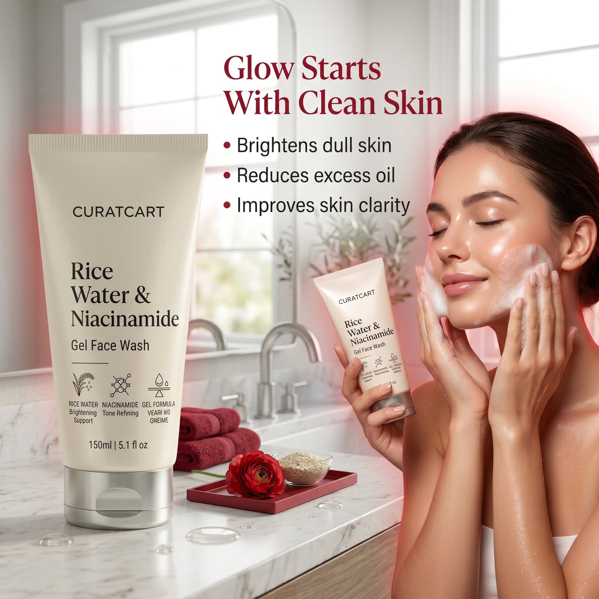 CuratCart Rice Water Niacinamide Gel - Side Profile & Box Packaging | original imported packaging available on Curat Cart Ind