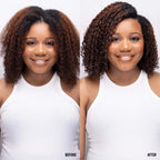 Before and after images showcasing curly hair transformation using Curly Magic Curl Stimulator. Premium imported formula.