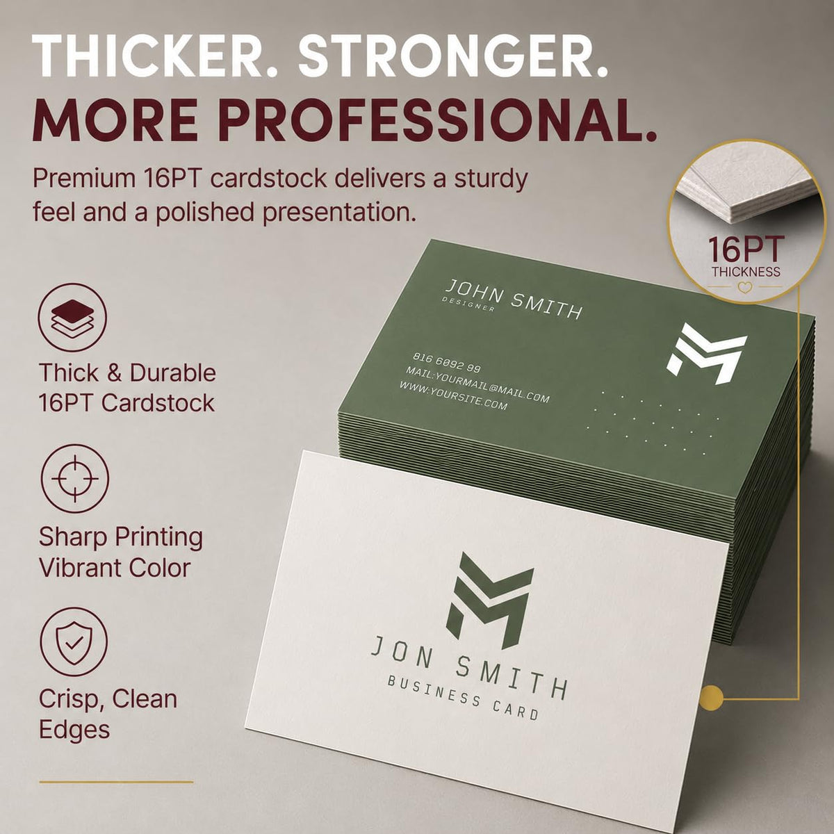 Custom Business Cards in full color, specially curated by Curat Cart, showcasing thick 16PT cardstock and vibrant print. Perfect for a professional touch.