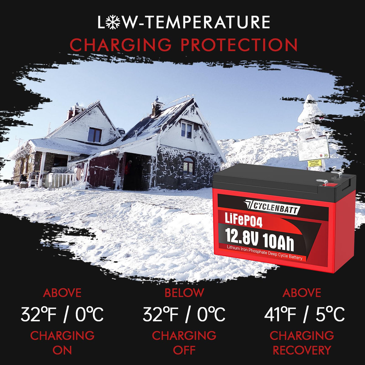 CYCLENBATT 12V LiFePO4 Battery in official packaging shows low-temperature charging protection features for optimal performance. Available at Curat Cart.