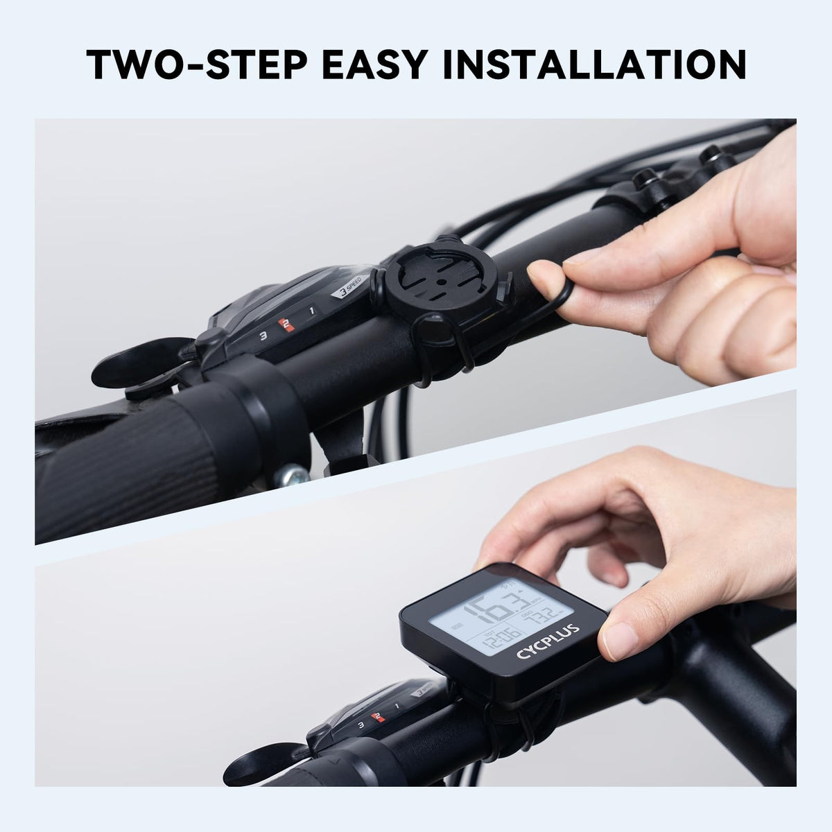 CYCPLUS Wireless GPS Bike Computer showcases easy two-step installation, perfect for cycling enthusiasts. Available at Curat Cart.