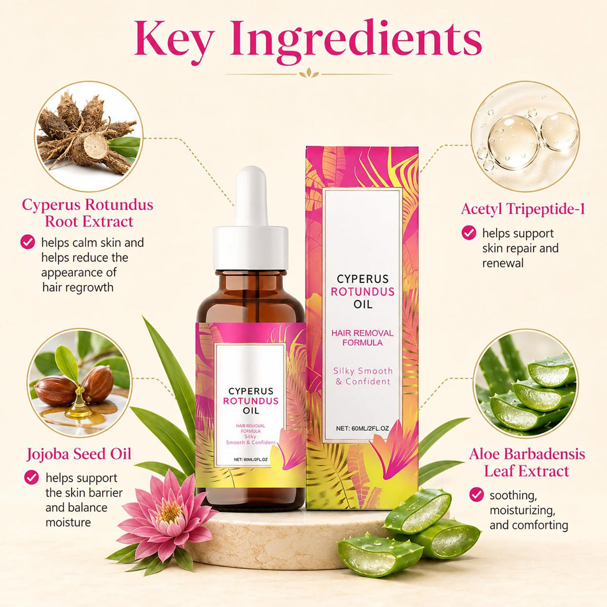 Cyperus Rotundus Oil Hair Removal in high-quality packaging, featuring key ingredients for smooth skin. Available at Curat Cart.