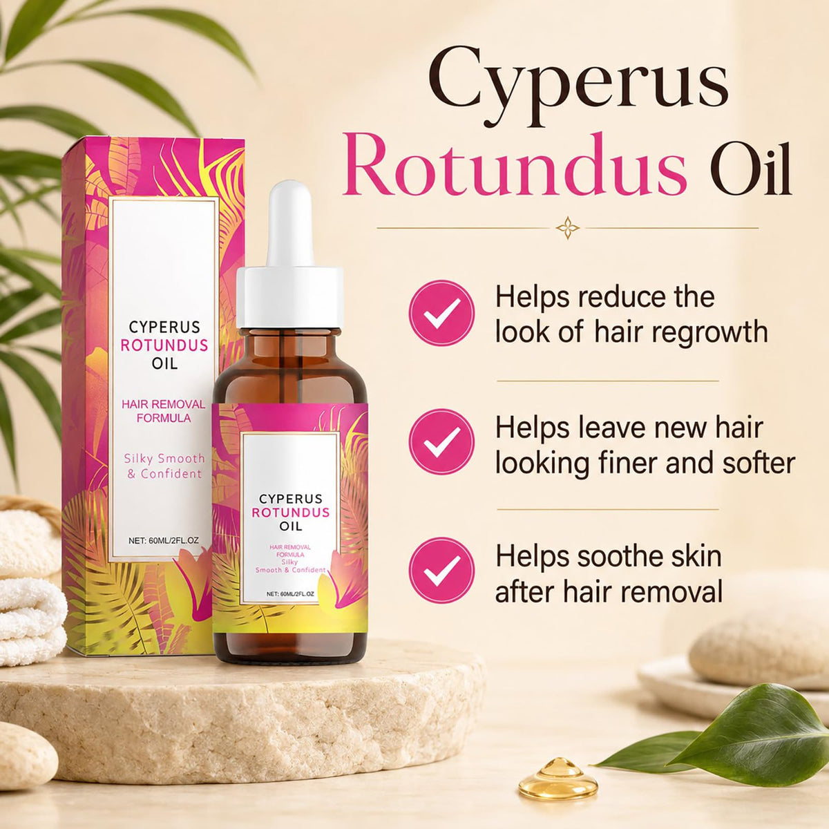 Cyperus Rotundus Oil Hair Removal helps reduce hair regrowth and leaves skin silky smooth. 100% Authentic, available at Curat Cart.