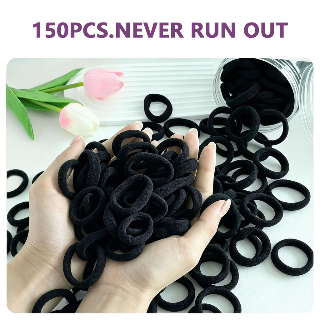 150 black hair ties in a hand, perfect for daily use, ensuring no damage. Verified by CuratCart for quality assurance.