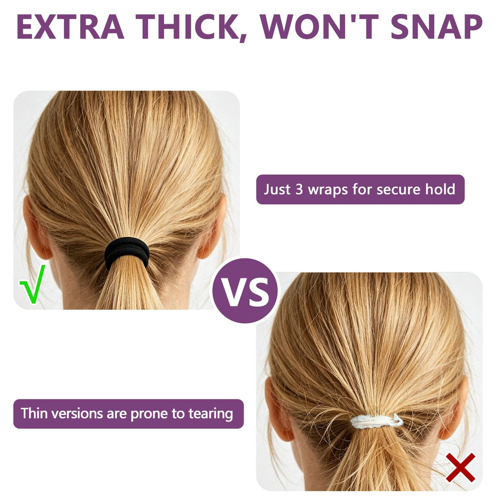Comparison image showing extra thick hair ties that won’t snap versus thin ties that tear easily. Verified by CuratCart.