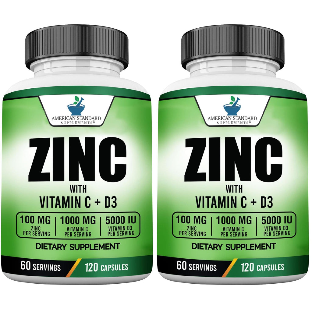 American Standard Supplements Zinc 100mg, Vitamin C 1000mg, and Vitamin D3 5000 IU (125mcg) Per Serving - Gluten Free, Non-GMO, 120 Capsules, 60 Servings