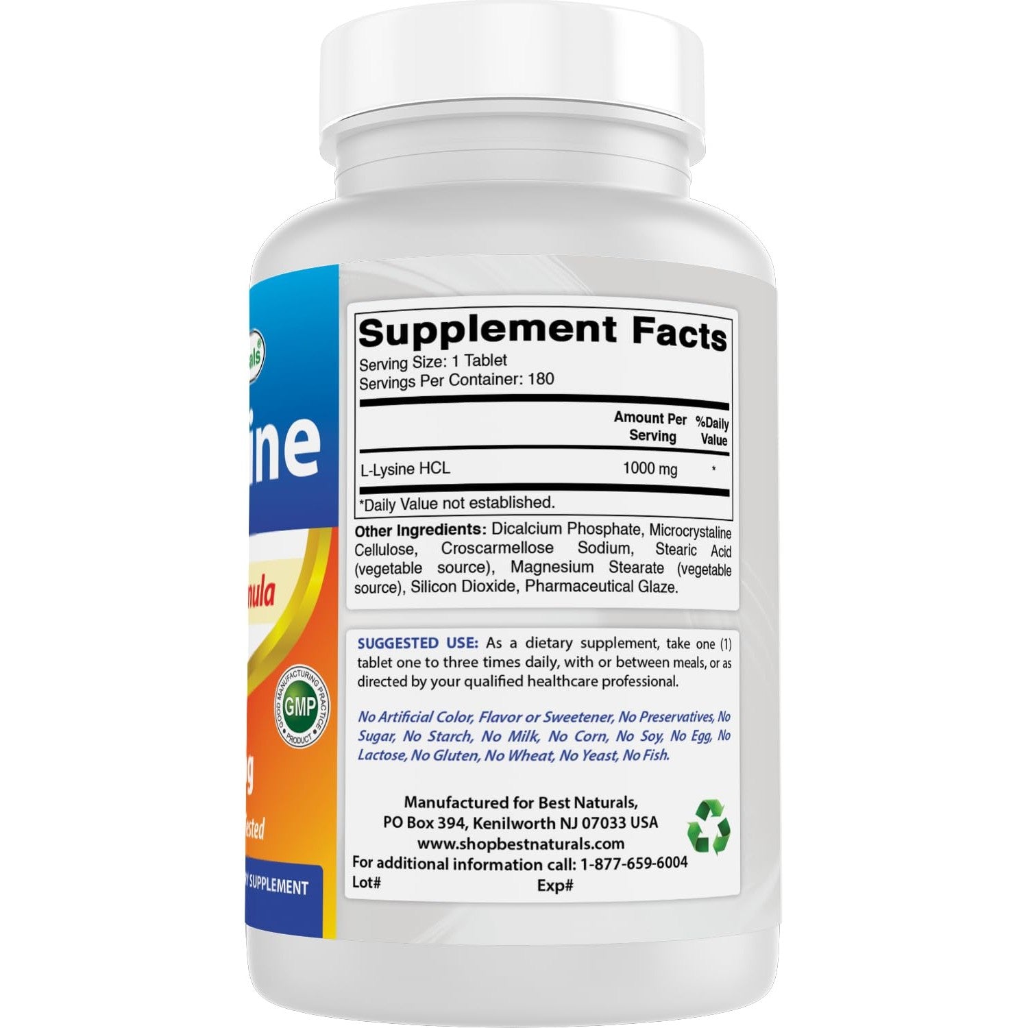 Best Naturals L-Lysine 1000mg 180 Tablets (180 Count (Pack of 1)) (2 Bottles)