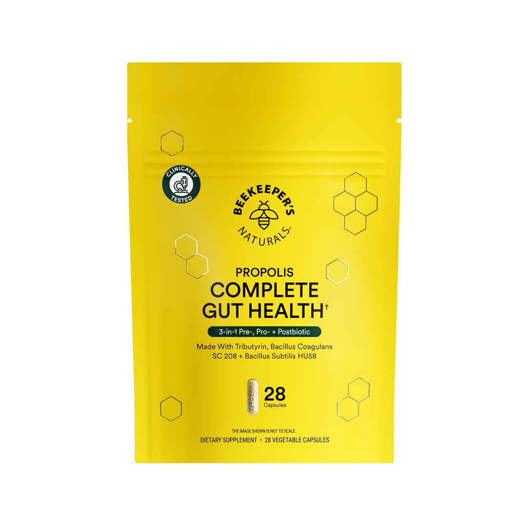 Beekeeper's Naturals Complete Gut Health, 3-in-1 Pre, Post, Probiotics 60ct | 3-in-1 Prebiotic, Postbiotic, Probiotics, Digestive Health & Bloating Relief for Women & Men, Propolis Powered