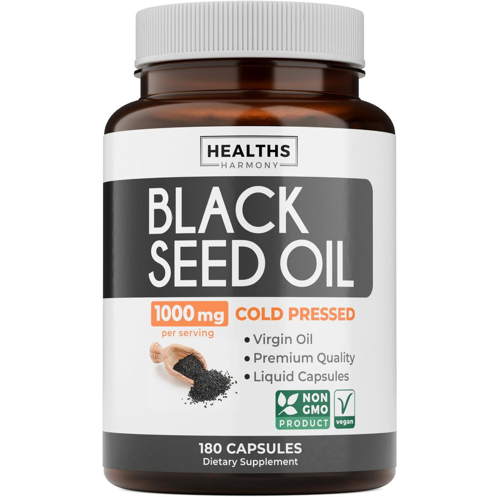 Black Seed Oil - 120 Softgel Capsules Skin Health (Non-GMO & Vegan) Cold-Pressed Nigella Sativa Producing Pure Black Cumin Seed Oil with Vitamin E - 500mg Each, 1000mg Per 2 Capsule Serving