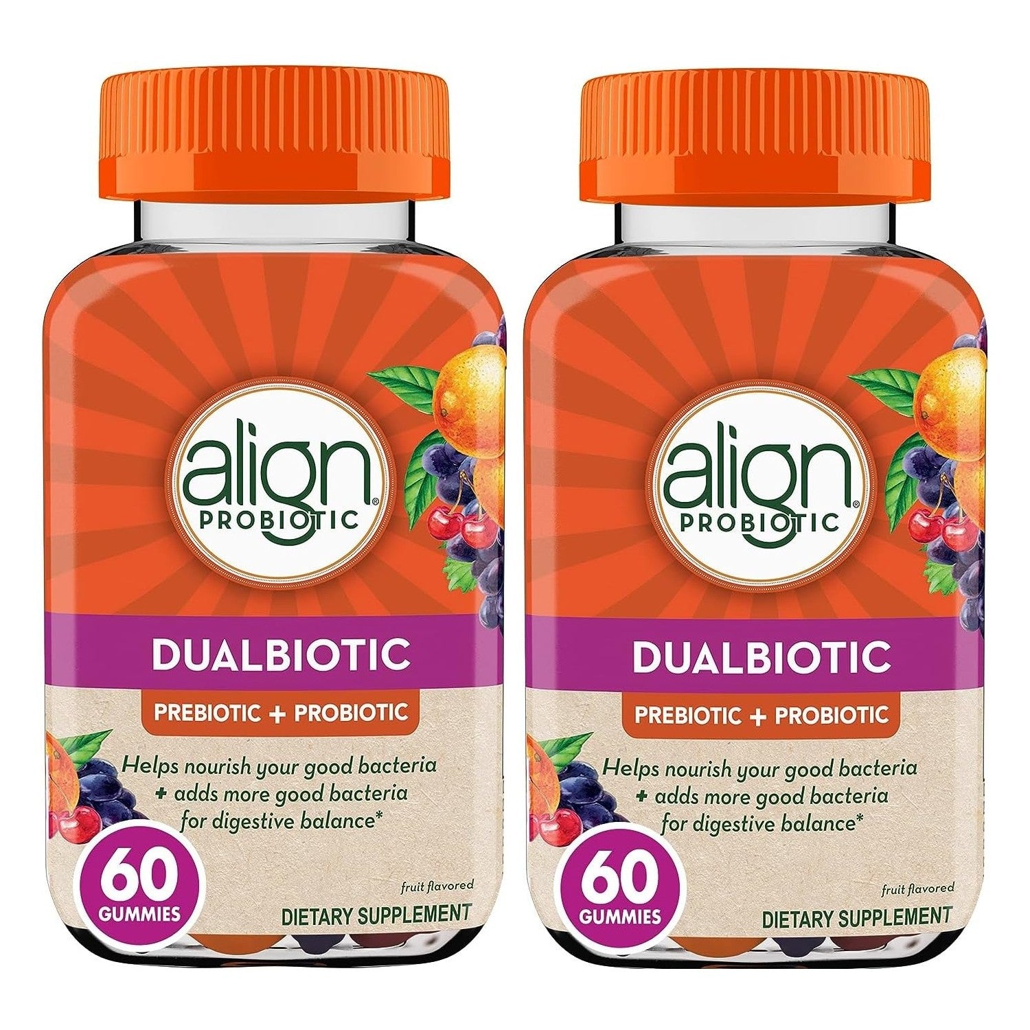 Align DualBiotic, Prebiotic + Probiotic for Women and Men, Help Nourish and Add Good Bacteria for Digestive Support, Natural Fruit Flavors, 60 Gummies (Pack of 2)