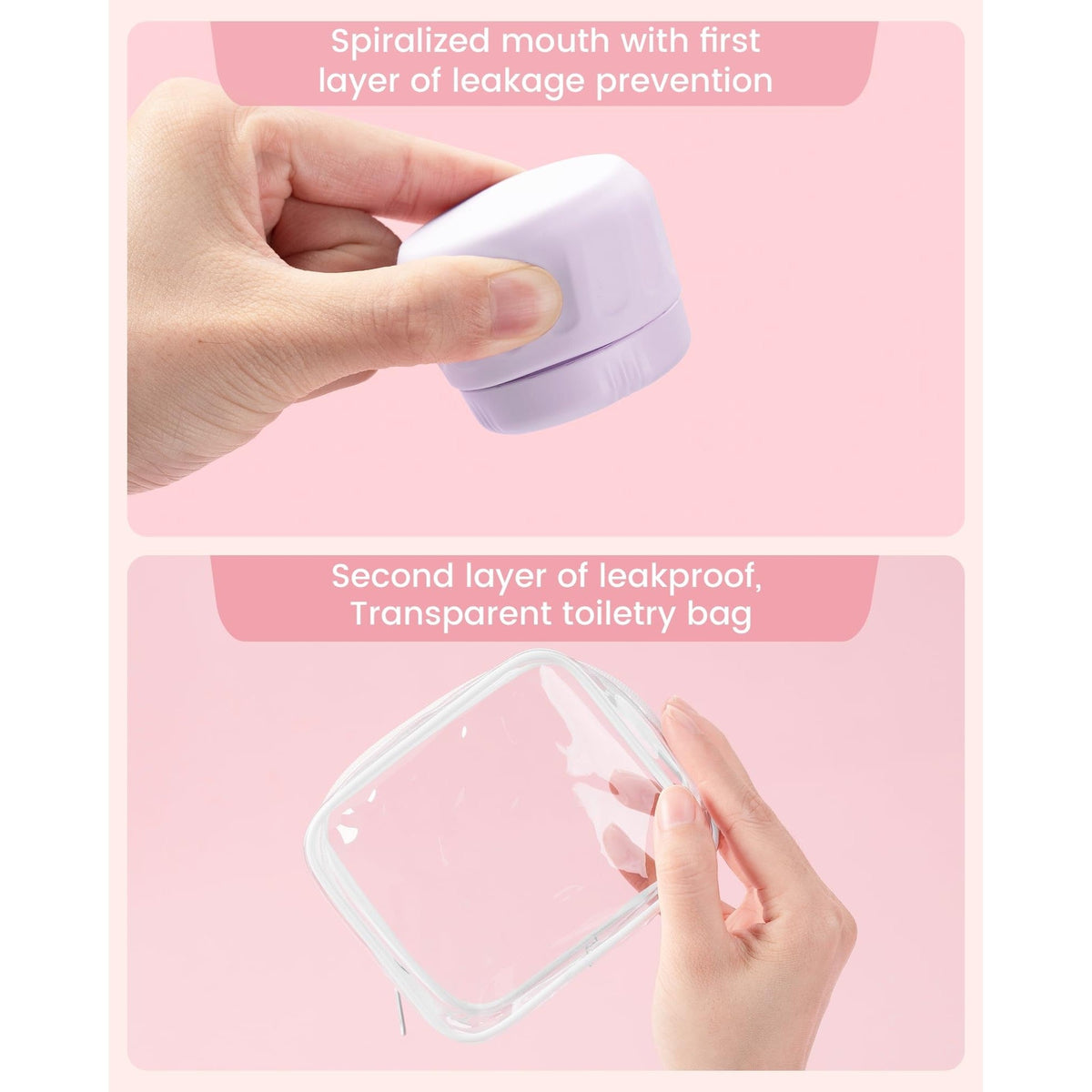 100% genuine Mrsdry travel containers with a spiral mouth design for leakproof use, complete with a transparent toiletry bag.