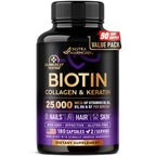 Biotin, Collagen, Hyaluronic Acid & Keratin - Hair Growth Support - 60 Caps | Hair, Skin & Nails Vitamins - Clinically Tested Supplement for Men & Women - 25000mcg Vitamins B1, B2, B3, B6 & B7