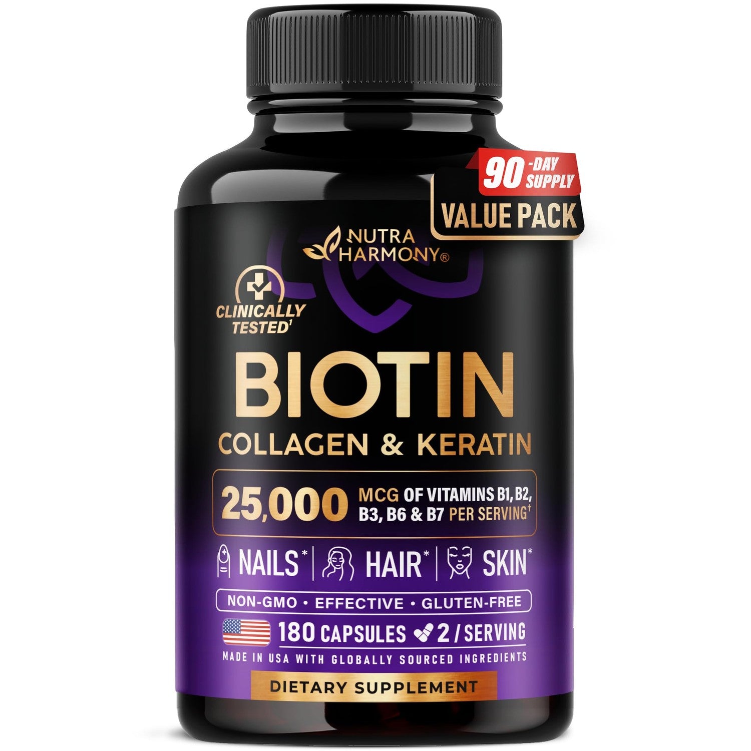 Biotin, Collagen, Hyaluronic Acid & Keratin - Hair Growth Support - 60 Caps | Hair, Skin & Nails Vitamins - Clinically Tested Supplement for Men & Women - 25000mcg Vitamins B1, B2, B3, B6 & B7