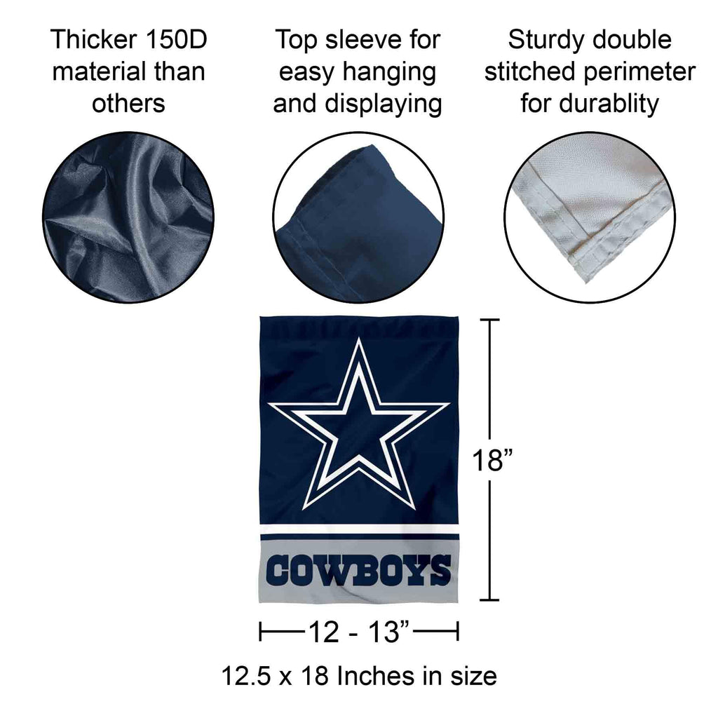 Dallas Double Sided Garden Flag in high-quality 150D material, featuring durable stitching and easy display options from Curat Cart.