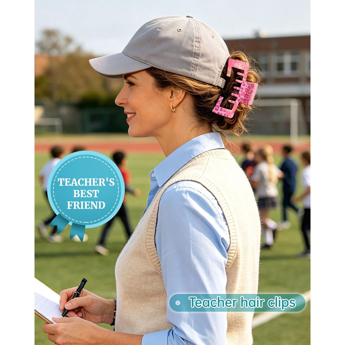 Stylish, premium imported claw clips displayed in a woman's hair, perfect for baseball caps, ideal for teachers.