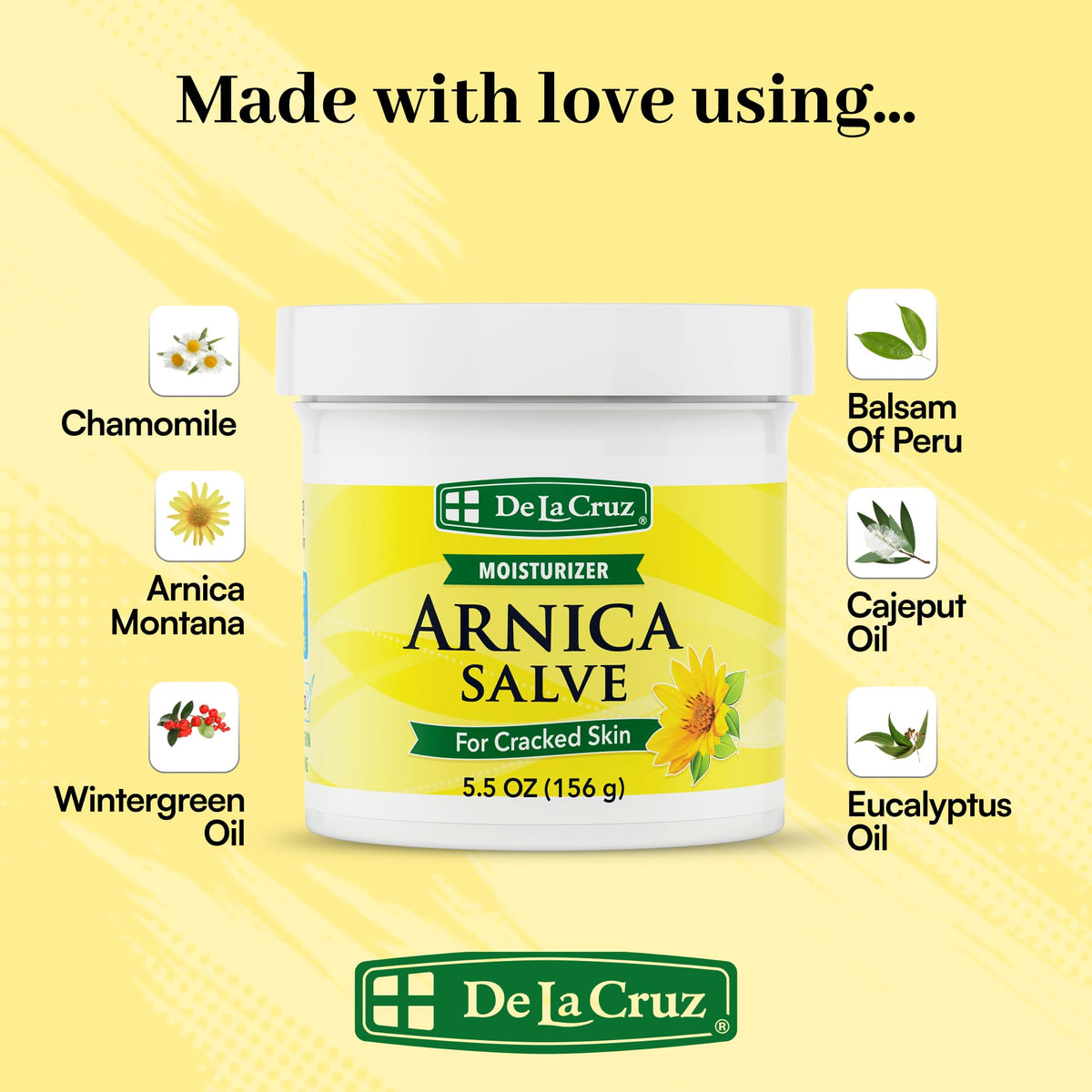 De La Cruz Arnica Salve Moisturizer in official packaging, enriched with natural oils for cracked skin. Available at Curat Cart.