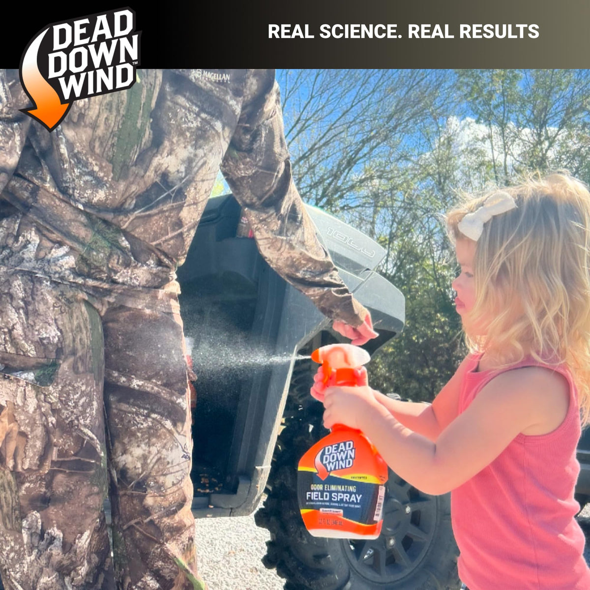 Experience the premium imported Dead Down Wind Hunt Kit, featuring a child applying field spray for effective odor control. Available at Curat Cart.