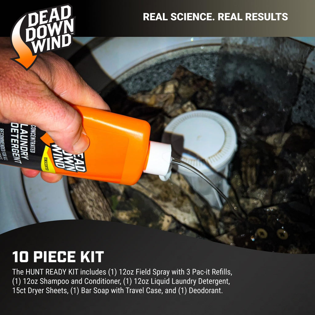 The Dead Down Wind Hunt Kit features 10 essential items, including high-quality laundry detergent and spray in official packaging. Available at Curat Cart.